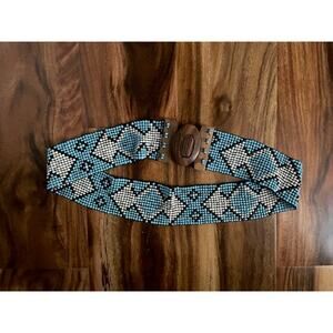 Beaded Blue and White Stretch Boho Belt w/ Wood‎ Buckle - 32"-36"
